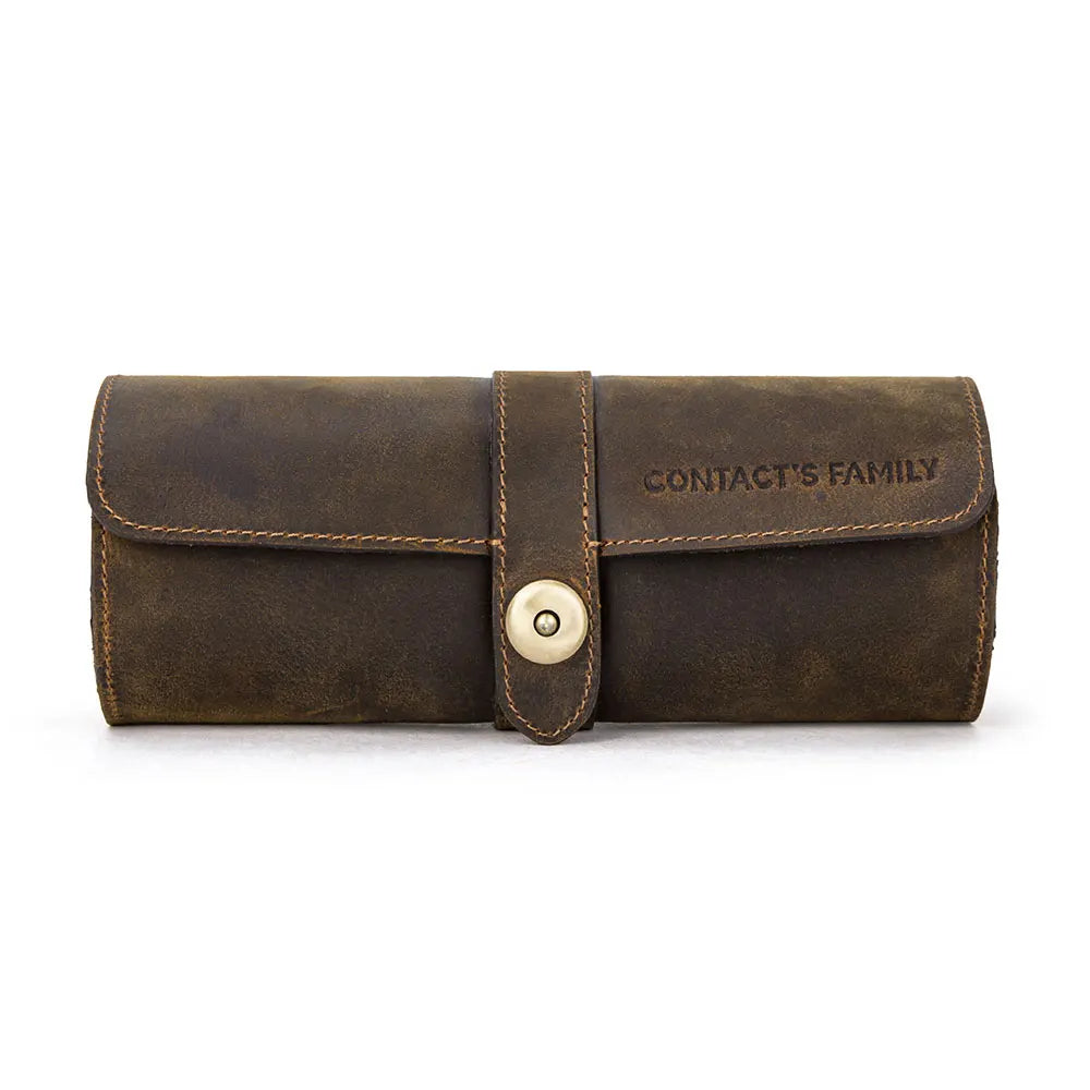 Brown genuine leather 3-slot watch roll, view 8