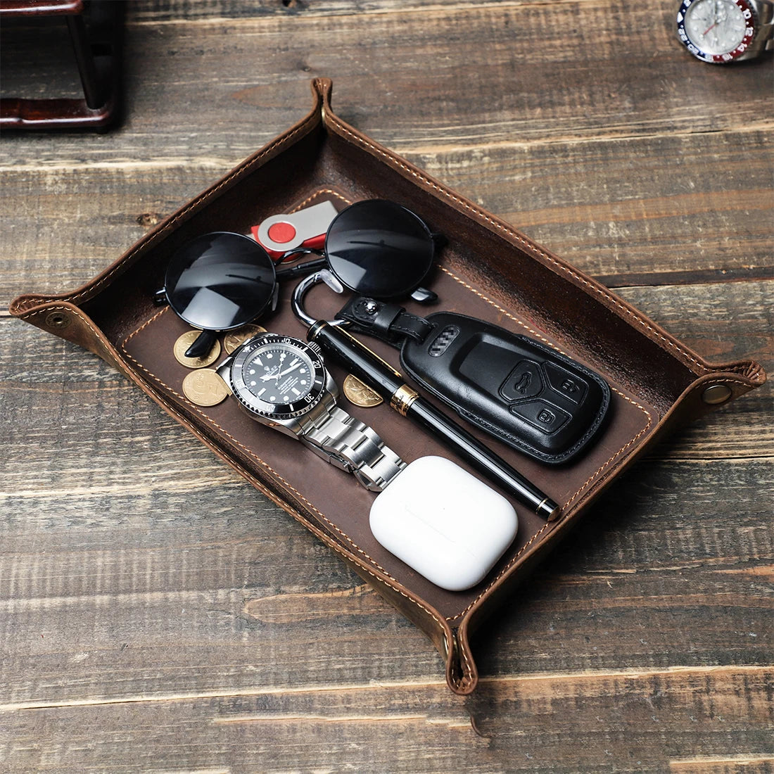 Brown genuine leather foldable valet tray with snap corners, view 3