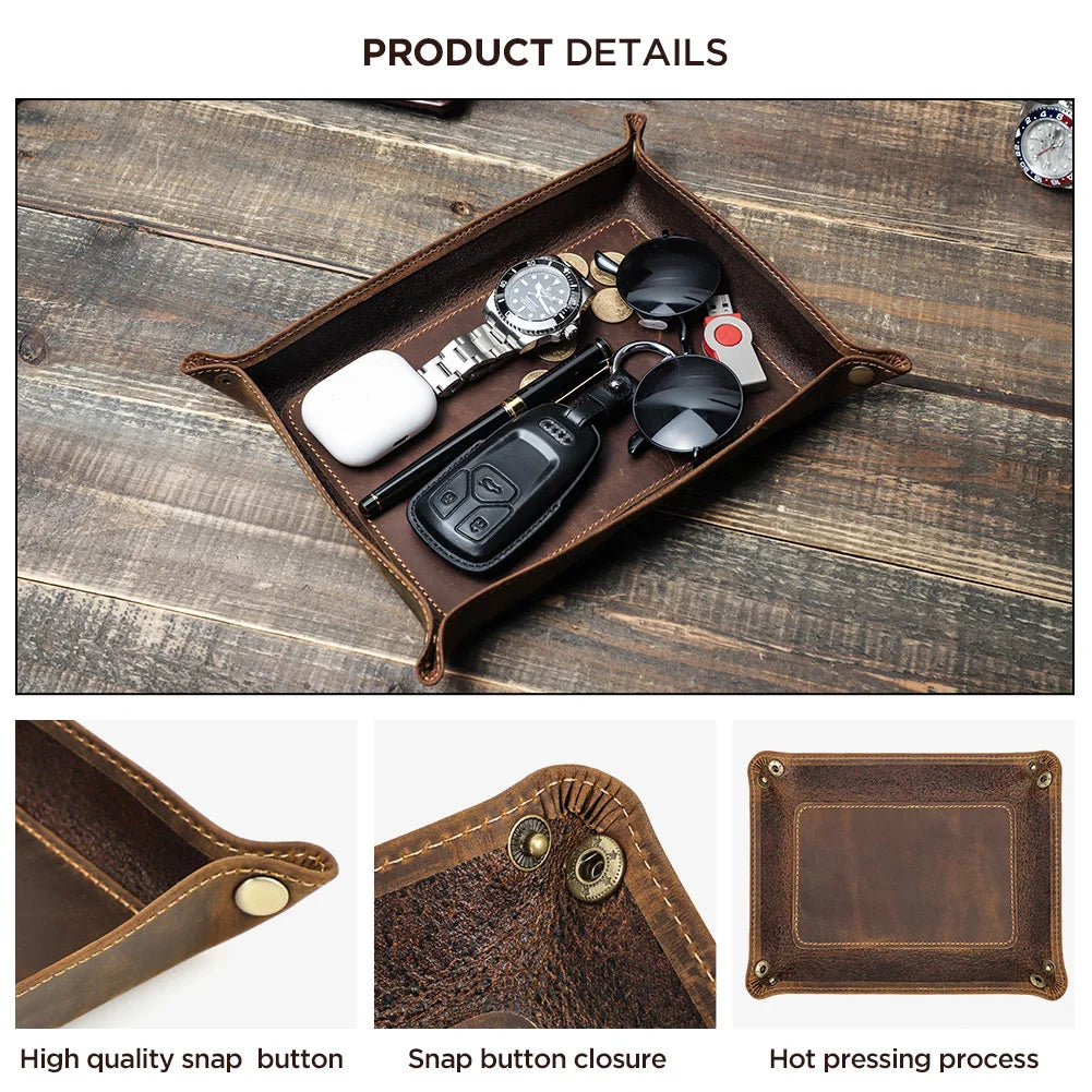 Brown genuine leather foldable valet tray with snap corners, view 4