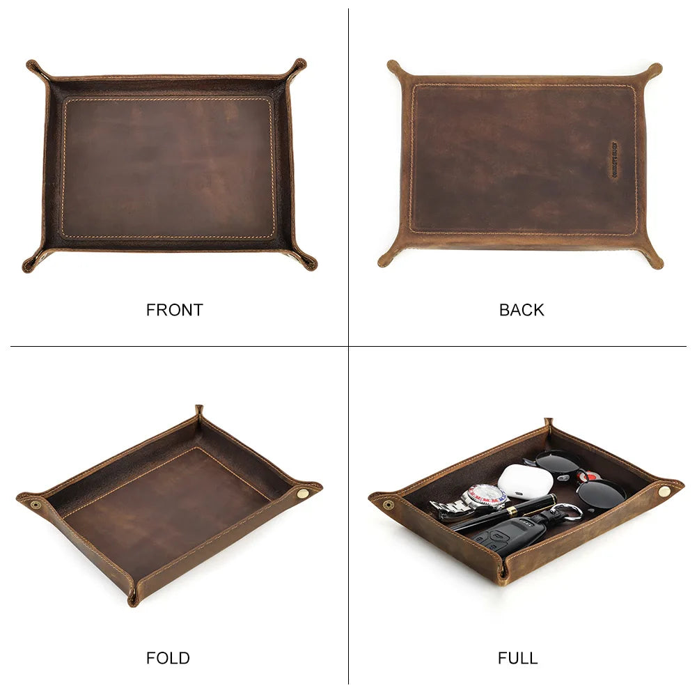 Brown genuine leather foldable valet tray with snap corners, view 5