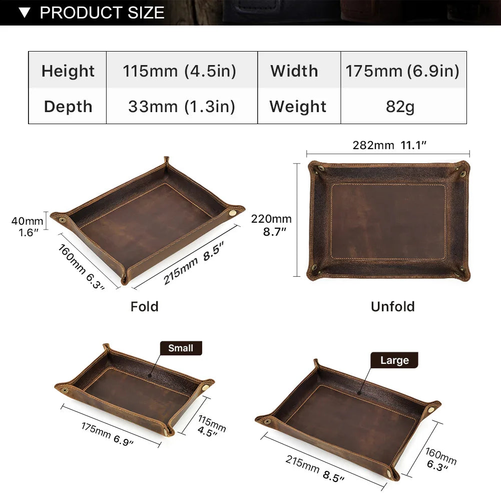 Brown genuine leather foldable valet tray with snap corners, view 7