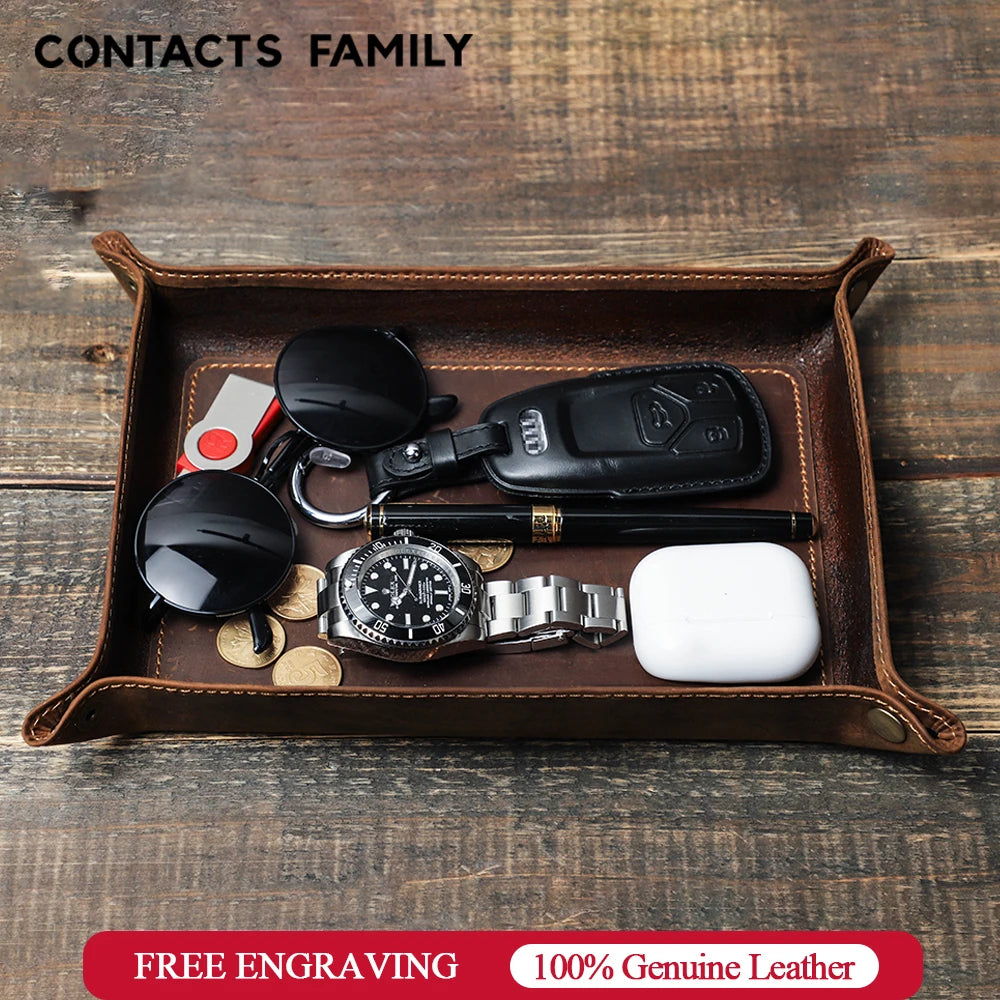 Brown genuine leather foldable valet tray with snap corners, view 2