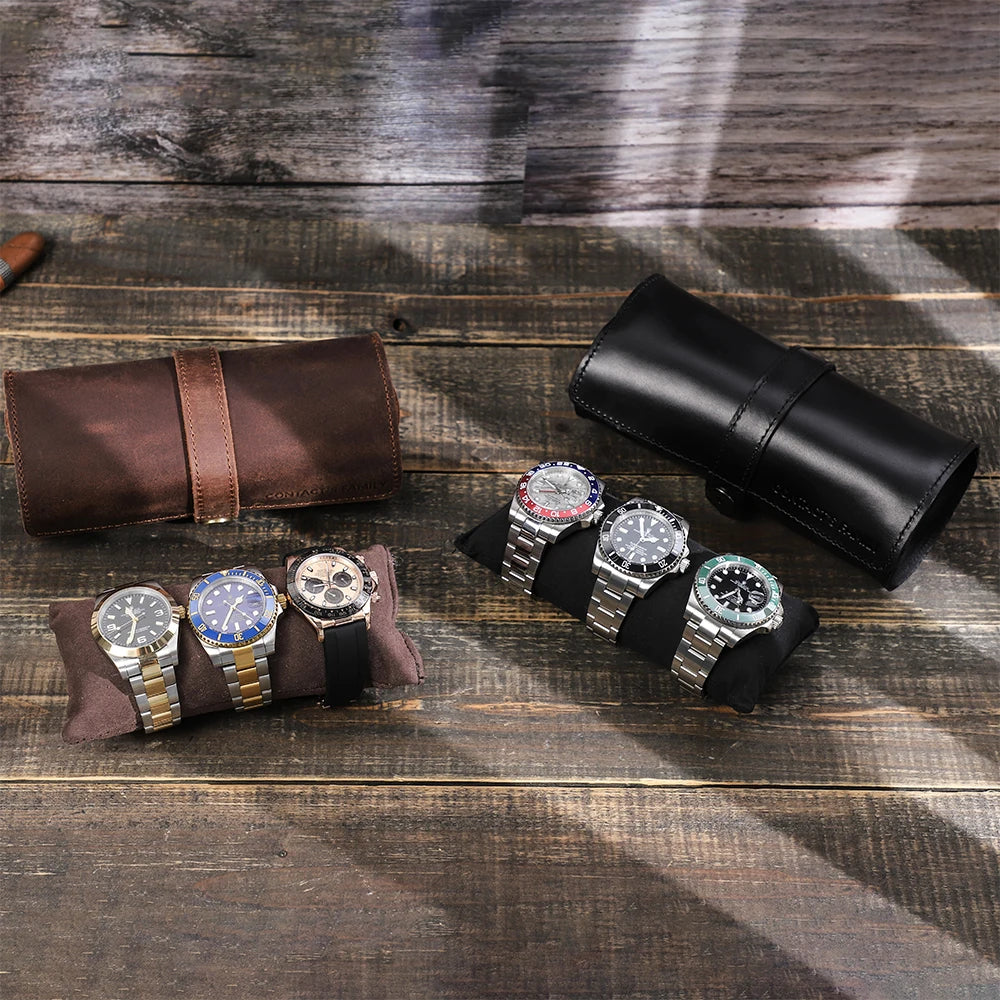 Brown genuine leather 3-slot watch roll, view 3