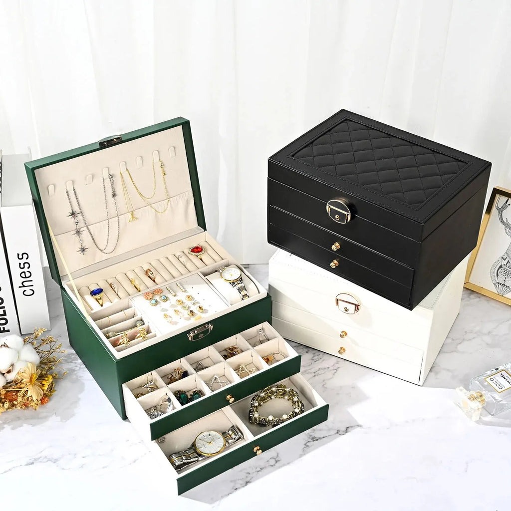 Large faux leather jewelry box with two velvet-lined drawers, view 3