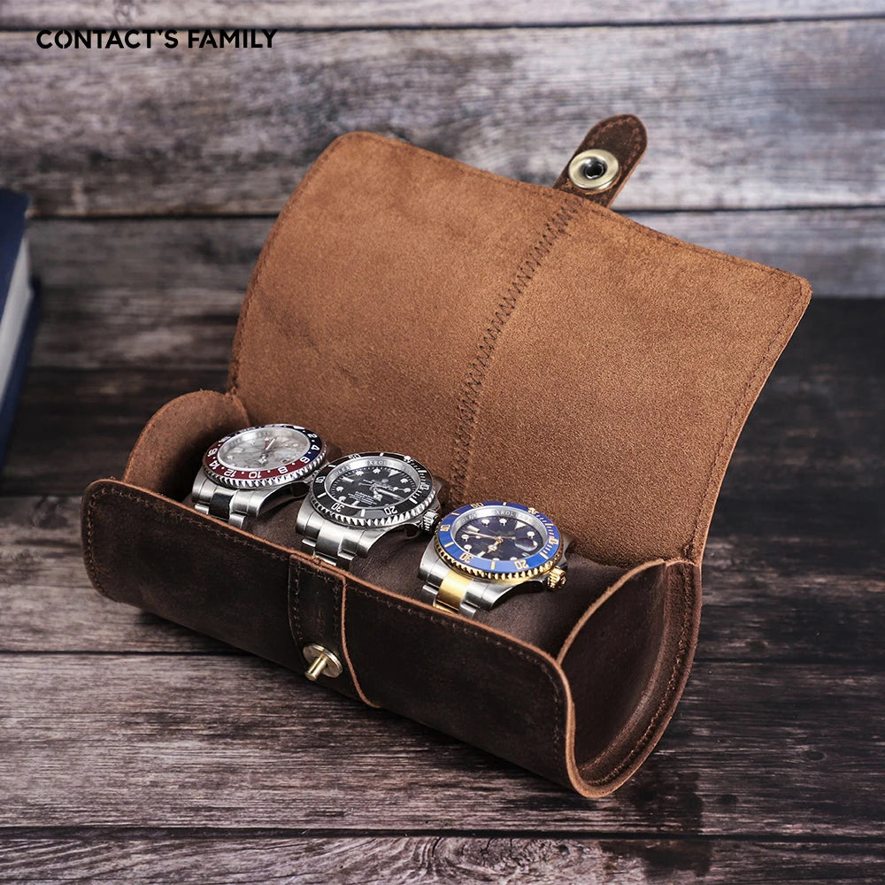Brown genuine leather 3-slot watch roll, view 4
