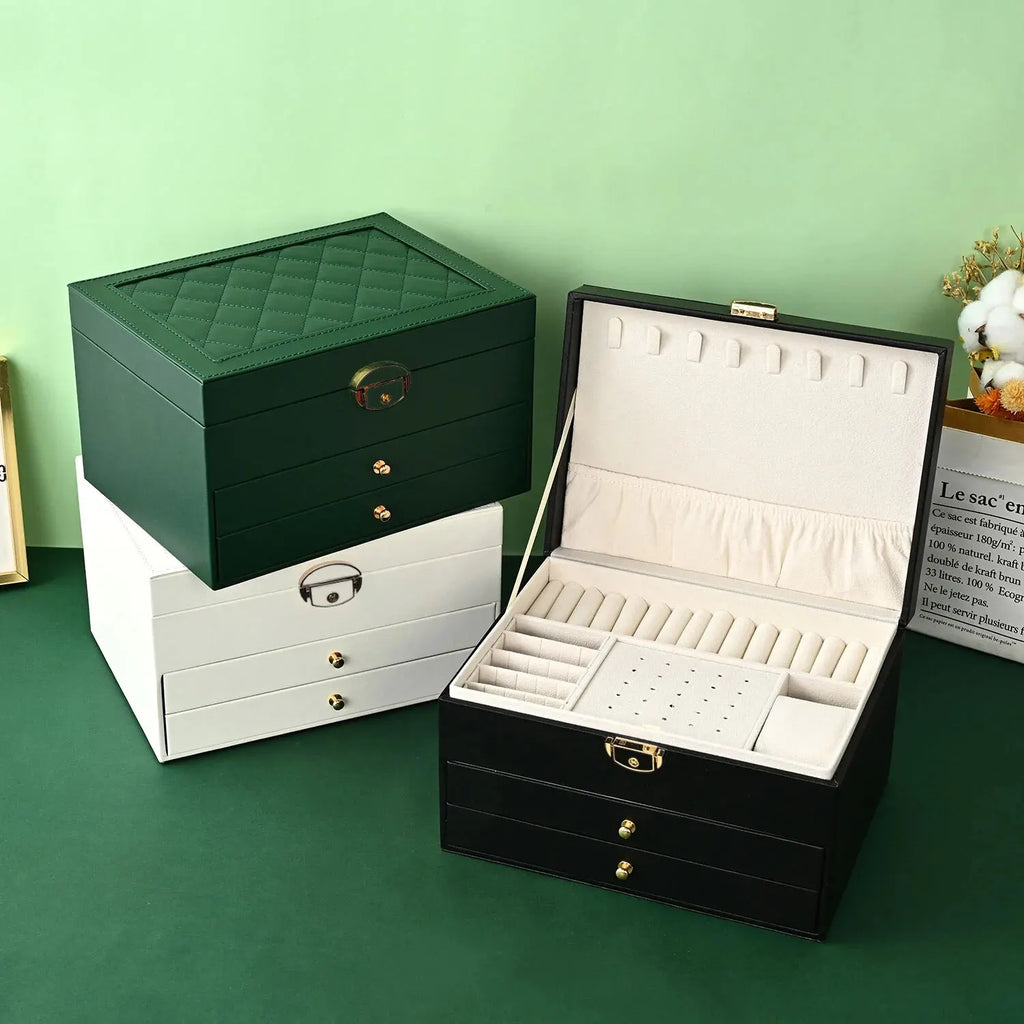 Large faux leather jewelry box with two velvet-lined drawers, view 2