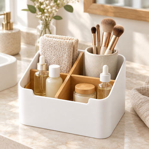 White and bamboo divided organizer box on a stone bathroom vanity holding brushes and skincare