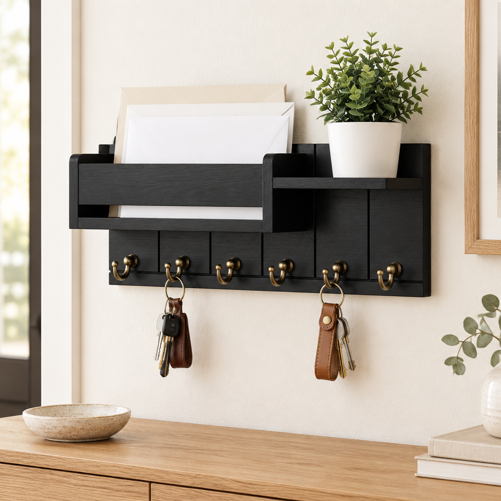 Black wooden key holder with mail shelf and six hooks on an entryway wall above an oak console