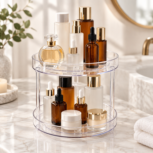 Clear two-tier rotating organizer with amber and frosted skincare bottles on a marble bathroom counter