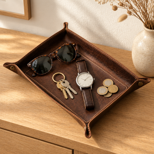 Brown leather valet tray with snap corners holding keys, a watch, sunglasses and coins on an entryway console